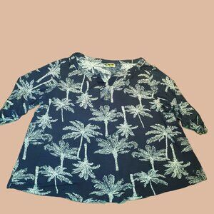 Palm Groove Blouse Top Women 2X Palm Trees Accent Button Quarter Sleeve Rayon
